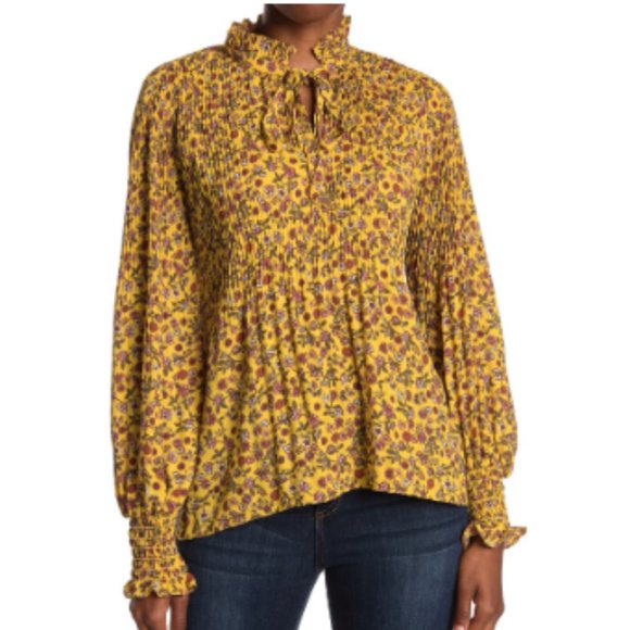 NEW Max Studio Yellow Floral Print Tie Neck Long Sleeve Release Pleat Blouse MED - Picture 3 of 12